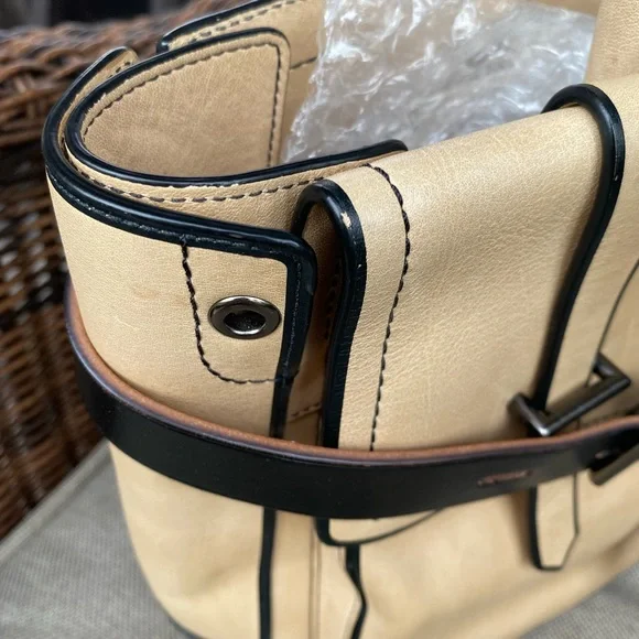 REED KRAKOFF Beige with Black Trimmed Leather "Boxer" Tote Bag. - Picture 6 of 16